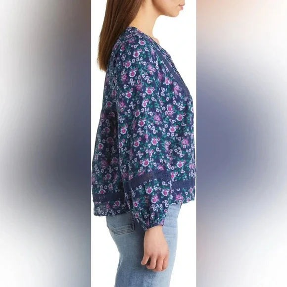 Lucky Brand Pintuck & Embroidery Cotton Blend Peasant Blouse, Navy, XXL, NWT - Picture 4 of 6